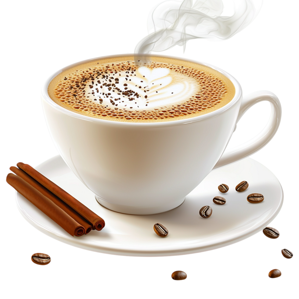 Cup of steaming coffee cinnamon sticks on the side png