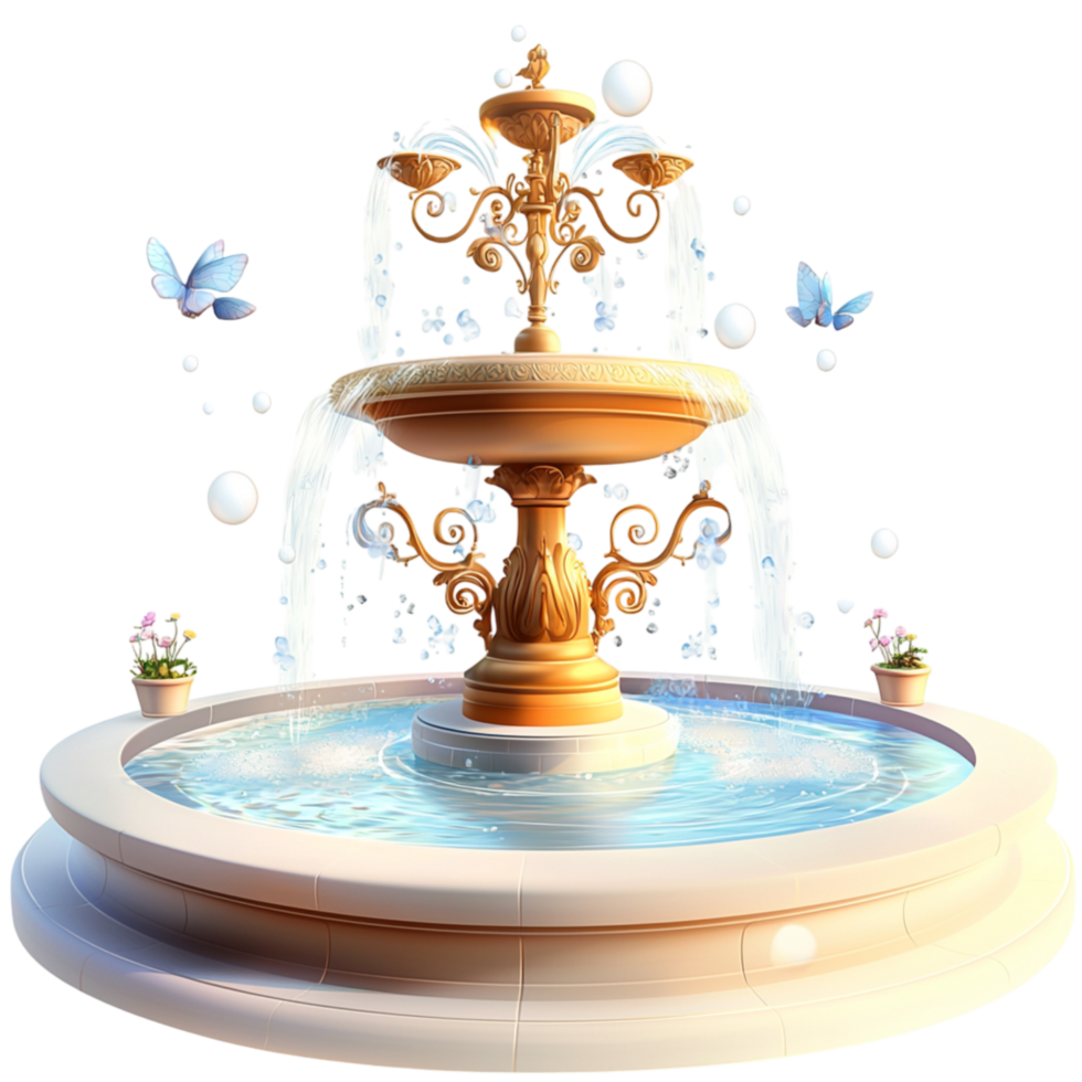 Elegant golden fountain water cascading from multiple tiers png