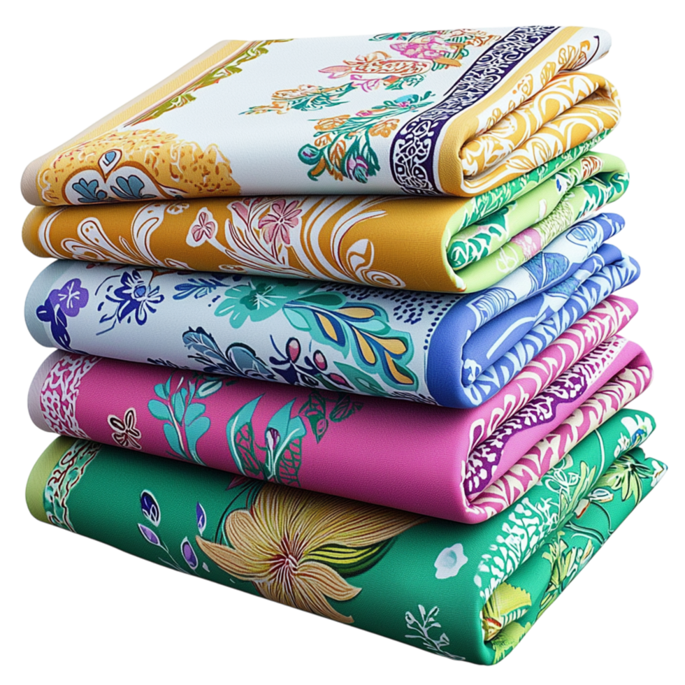 Neatly stacked pile of folded colorful fabric png