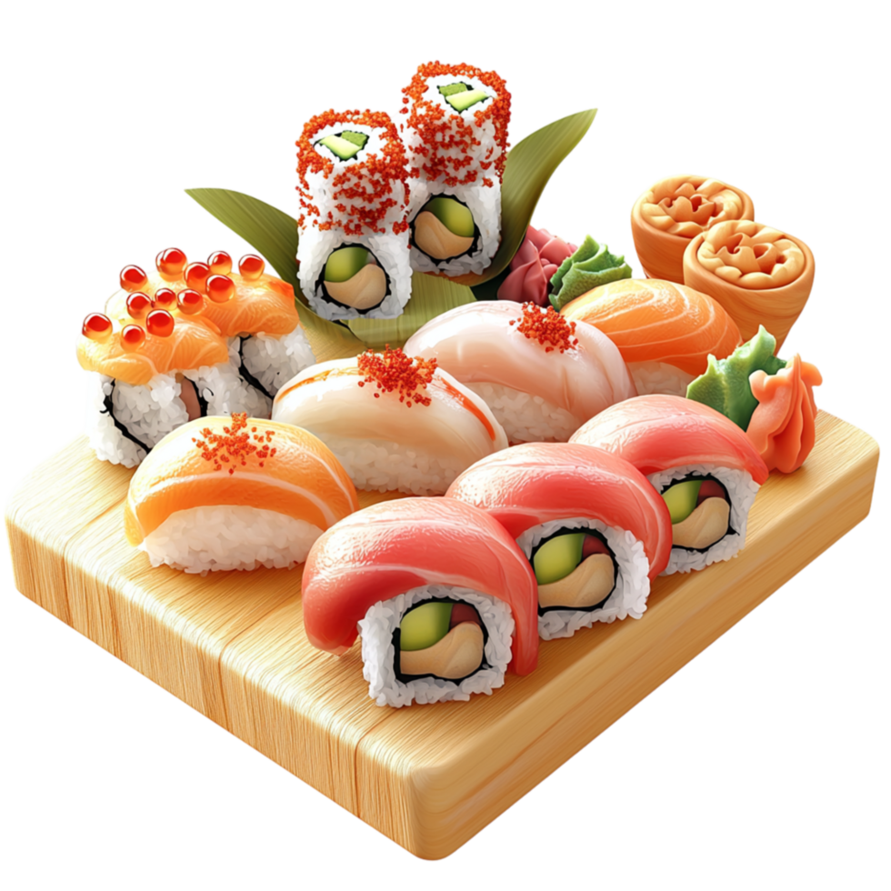 Assorted sushi rolls neatly arranged on a wooden platter png