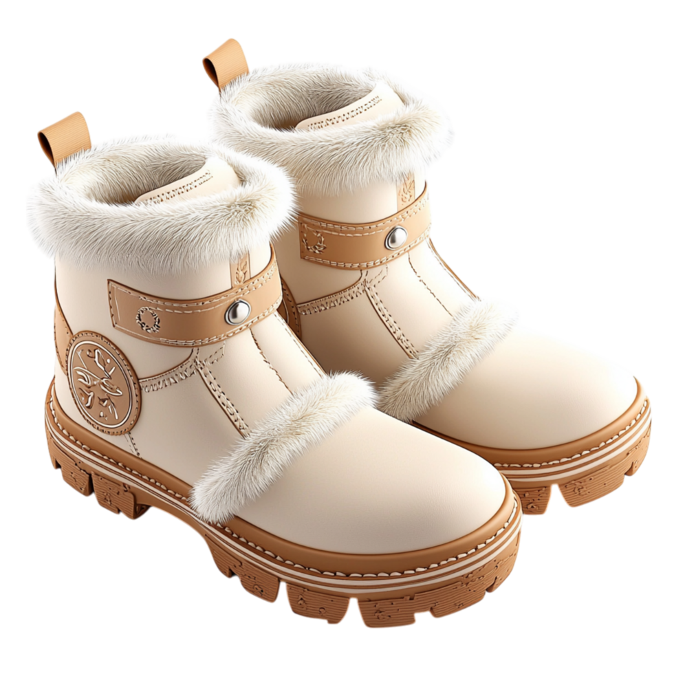 Warm beige winter boots soft white fur lining png