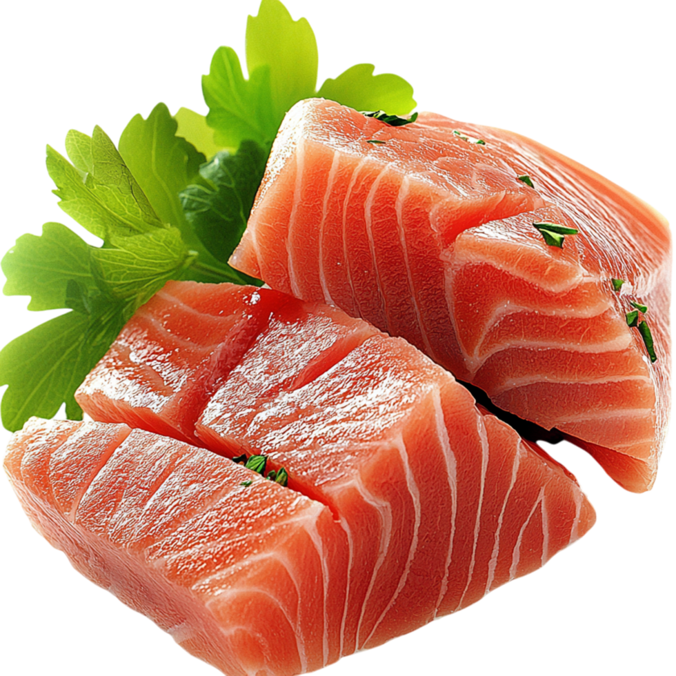 Fresh raw salmon slices parsley on a white plate png
