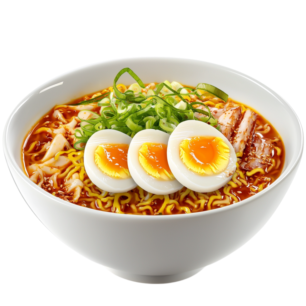 Spicy ramen bowl boiled eggs vegetables rich broth png