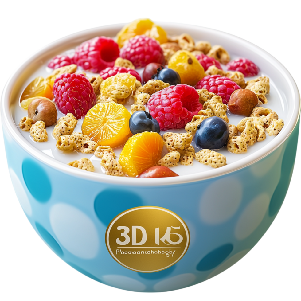 Nutritious cereal bowl filled milk colorful fruits png