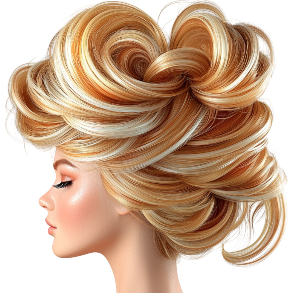 Elegant woman voluminous golden blonde hair styled in curls png