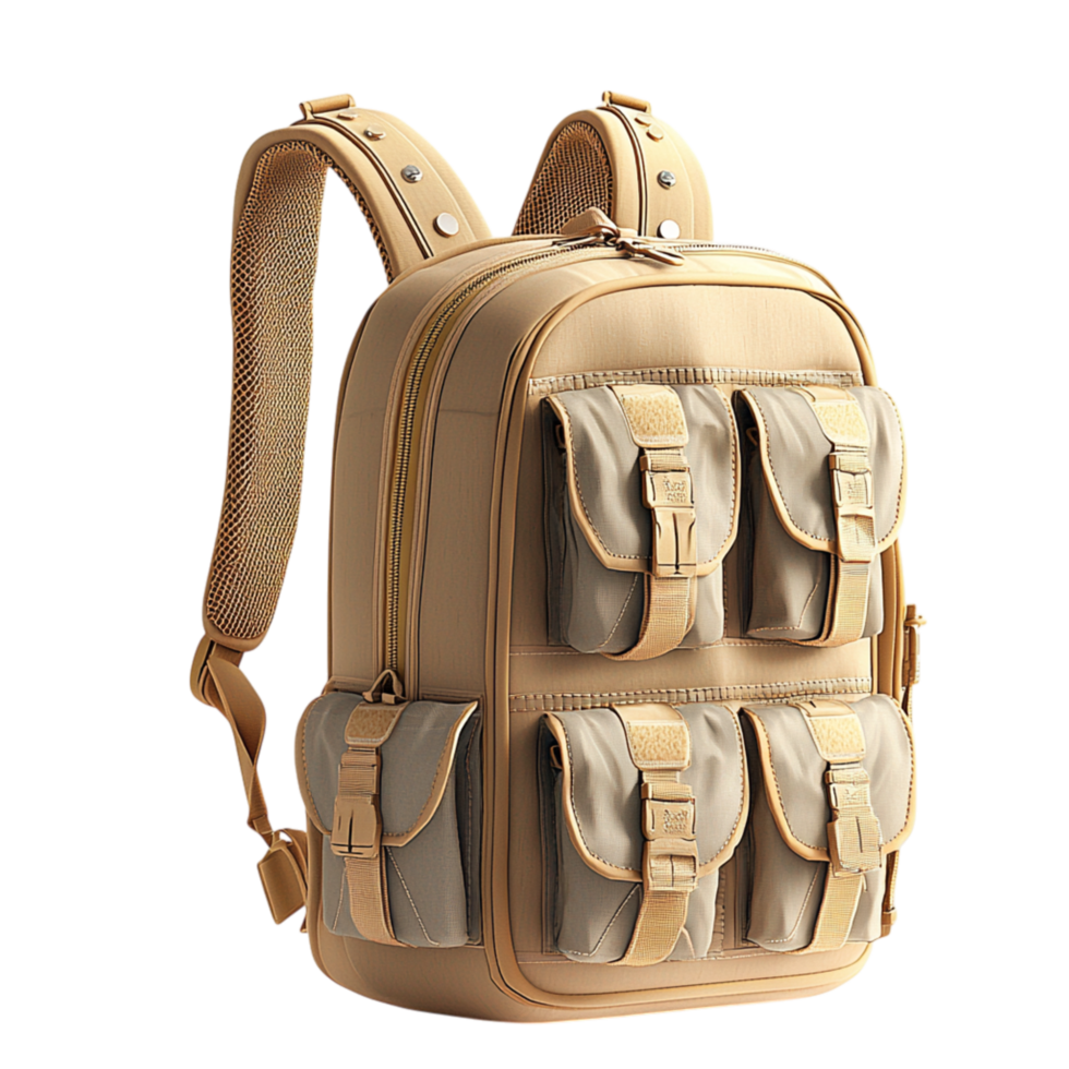 Durable beige backpack multiple pockets sturdy straps png