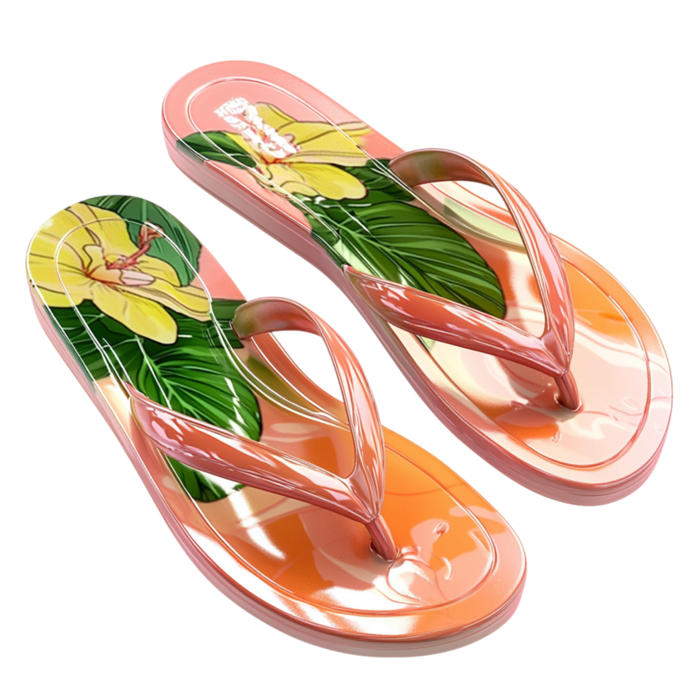 Orange flipflops a tropical leaf print on the straps png