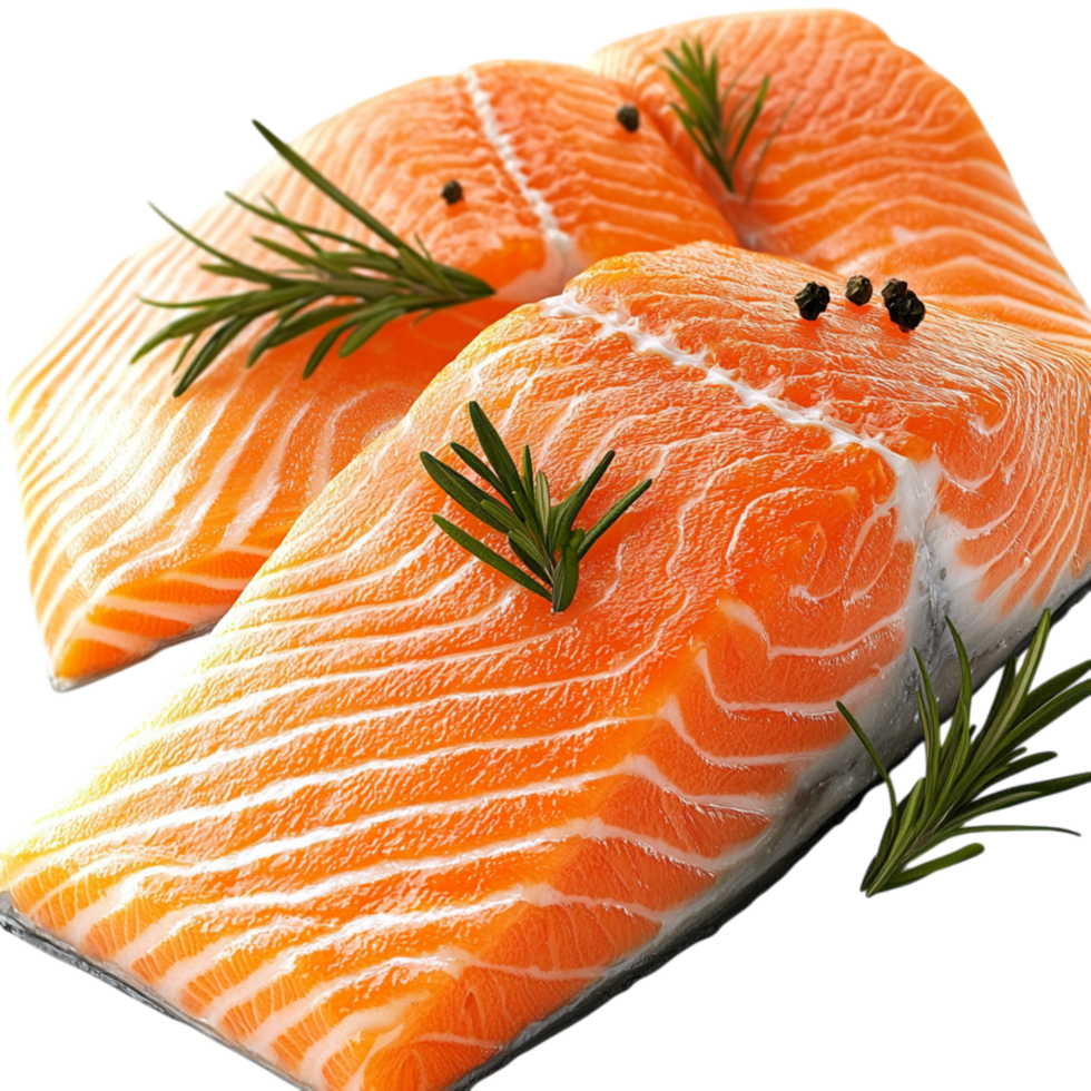 Fresh salmon fillets garnished herbs placed on a white plate png