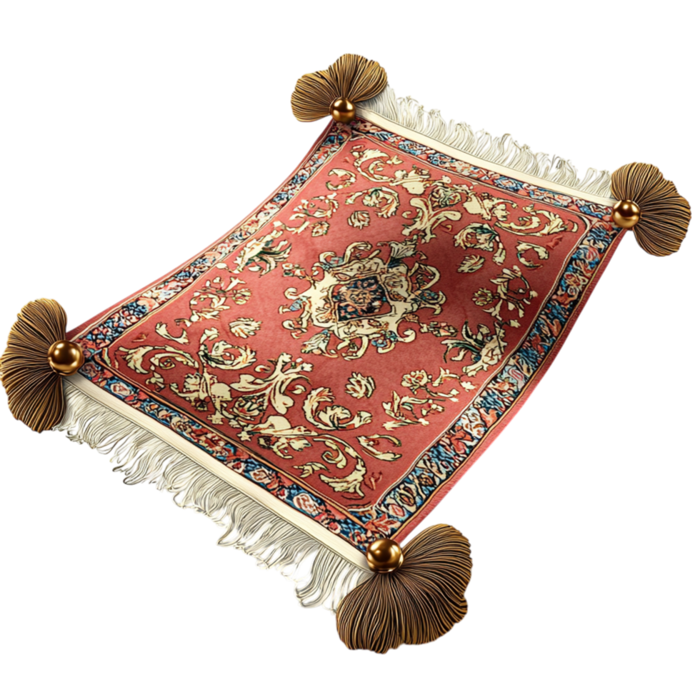 Beautiful flying magic carpet intricate red golden embroidery png