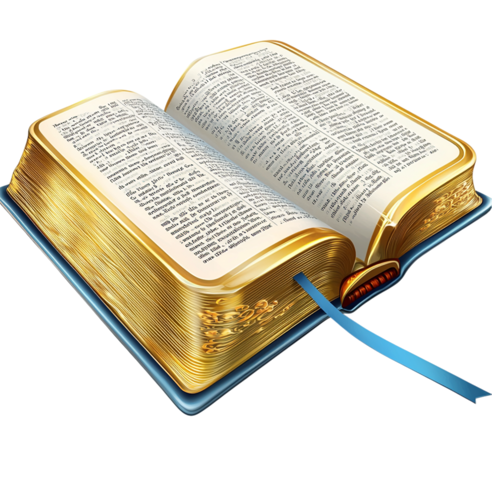 Ancient open book golden edges a blue ribbon bookmark png