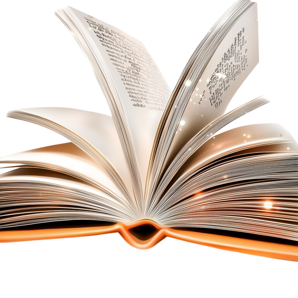 Open book flipping pages goldenedged paper illuminated by light png