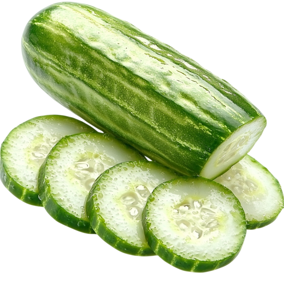 Fresh green cucumbers sliced into rounds a glossy smooth texture png