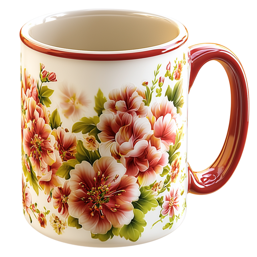 Elegant ceramic coffee mug decorated vibrant red flowers golden accents png