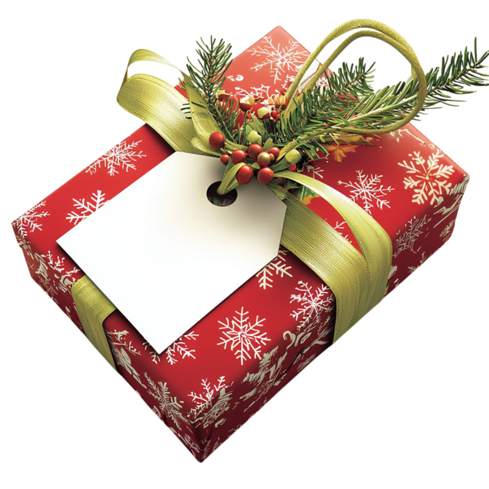 Festive Christmas gift wrapped in red paper a golden ribbon bow png