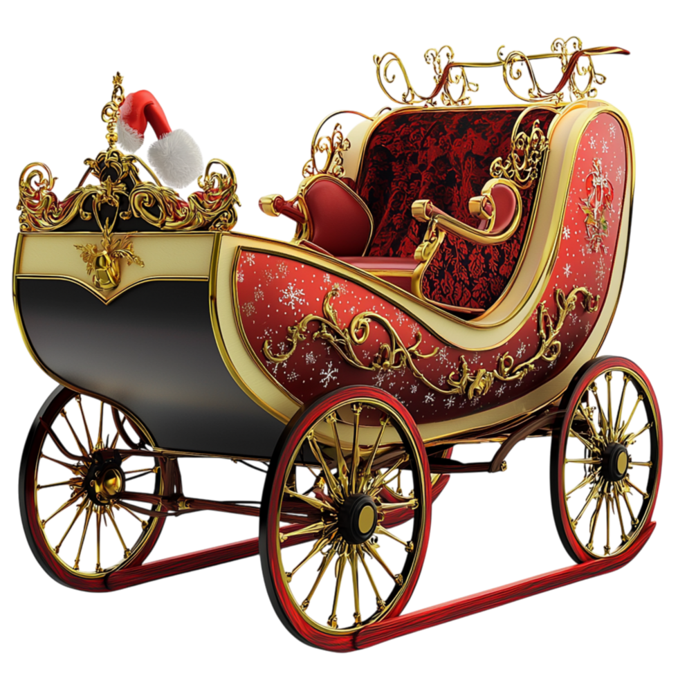 Traditional red sleigh golden decorative details jingling bells symbolizes the festive holiday magic of Santa Clauss legendary journey. png