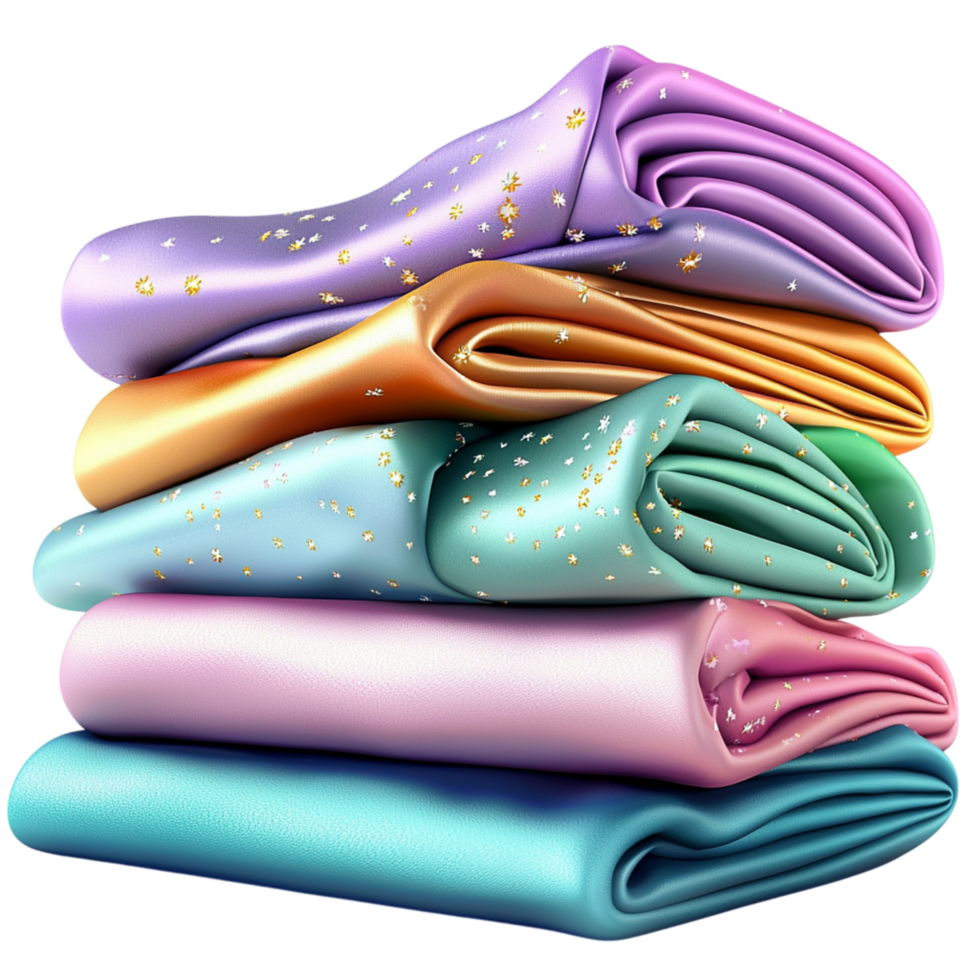 Vibrant silk fabric rolls arranged in various striking colors showcase elegance, luxurious softness, exquisite textile craftsmanship. png