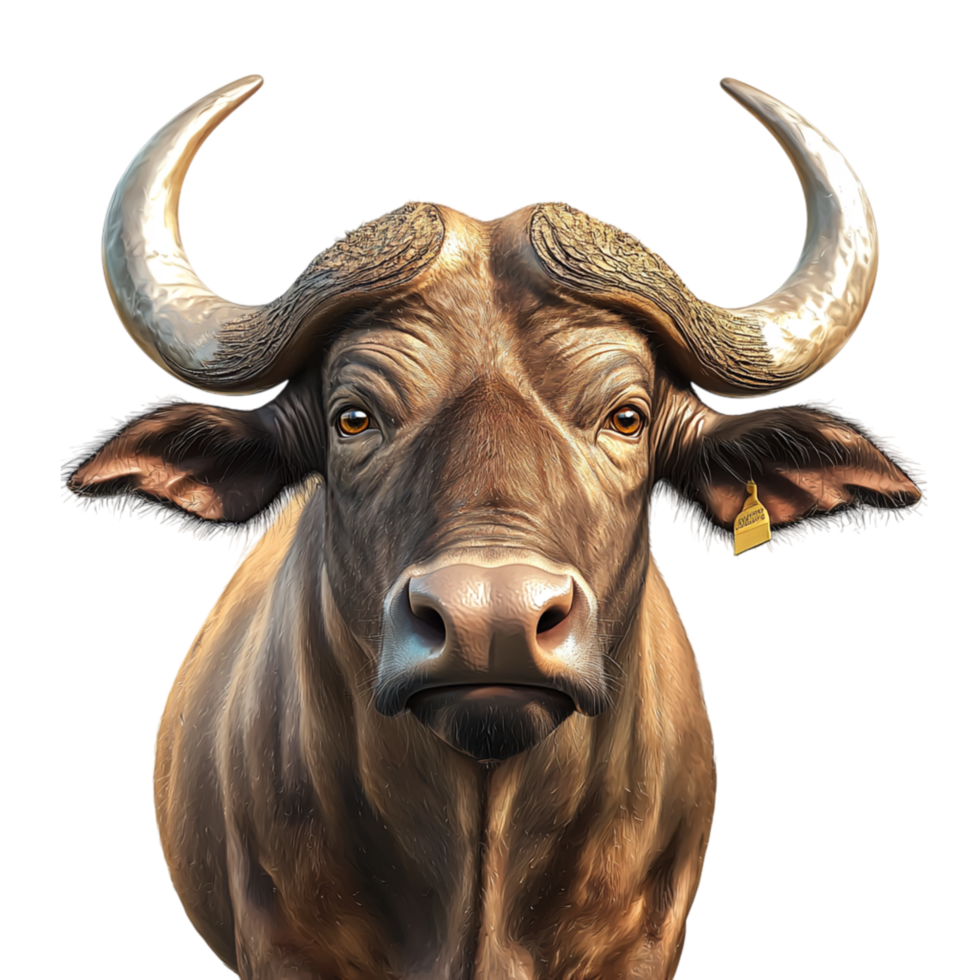 Strong brown bull large curved horns sts powerfully, representing resilience, determination, the raw spirit of untamed nature. png