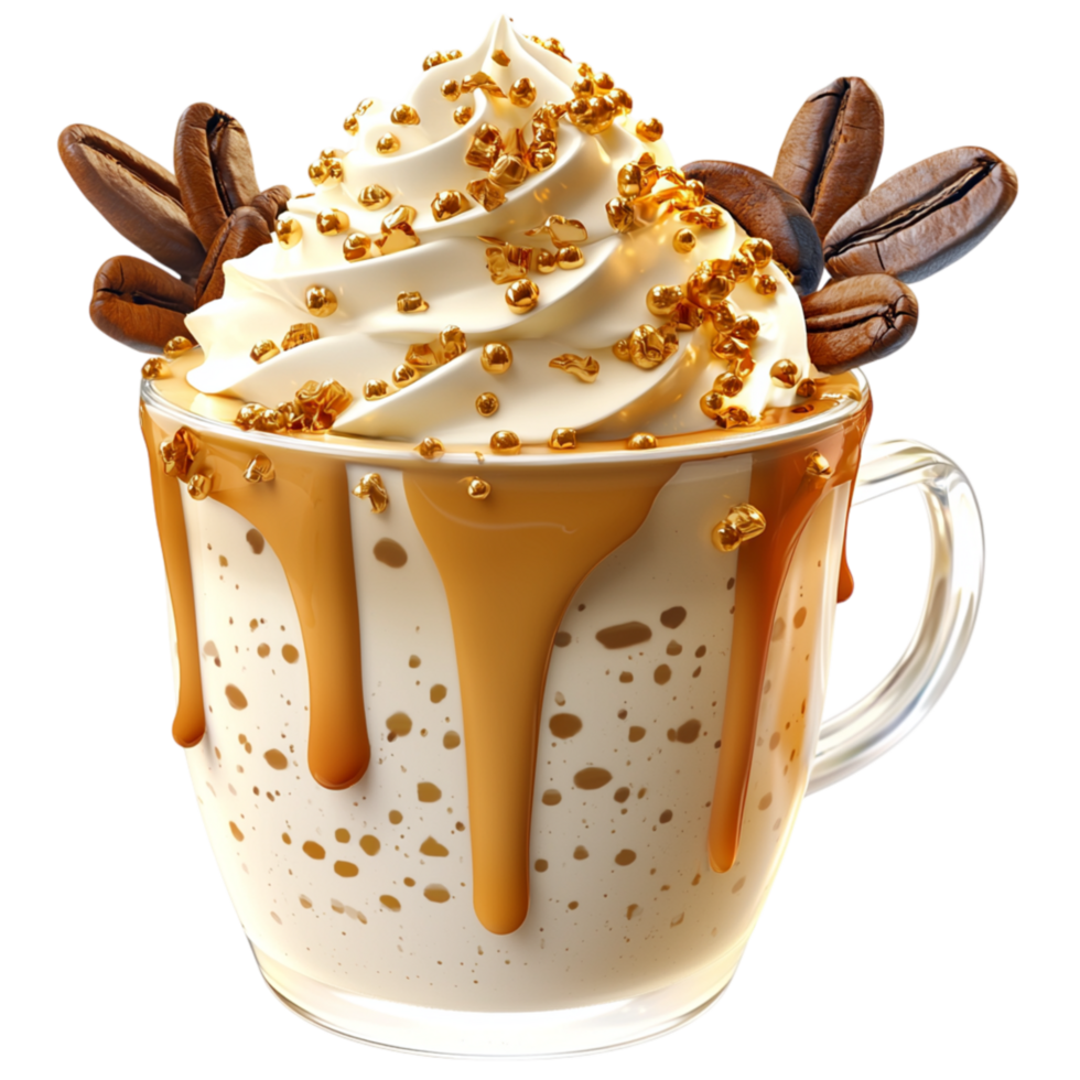 Creamy caramel frappuccino topped whipped cream cinnamon sticks offers a delightful, refreshing, indulgent coffeebased sweet treat. png