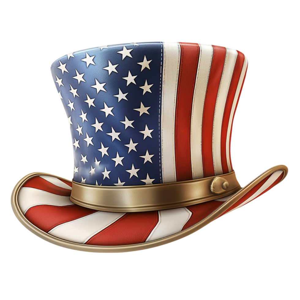 Patriotic Uncle Sam top hat featuring bold red, white, blue stripes represents American heritage, national pride, historical significance. png
