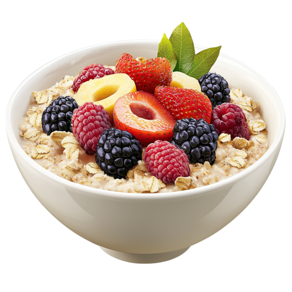 Nutritious oatmeal bowl topped mixed berries represents balanced morning meals, wellness, a great source of energy. png
