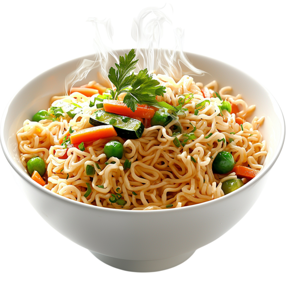 Spicy noodle bowl mixed fresh vegetables represents authentic Asian flavors, warmth, the joy of indulging in comfort food. png