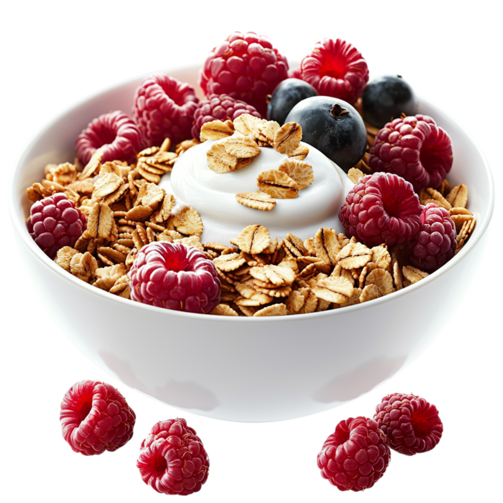 Crunchy granola cereal mixed blueberries raspberries in a white bowl represents a wholesome nutritious breakfast. png