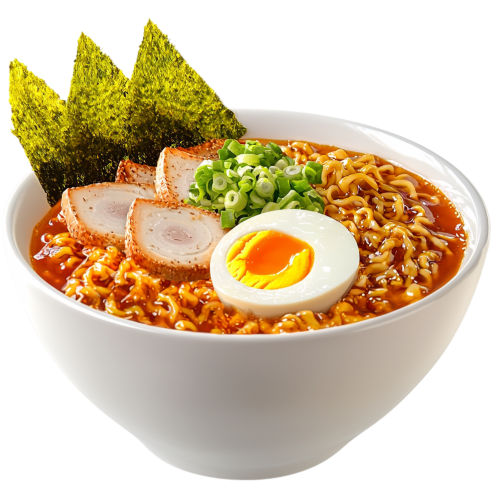 Delicious ramen bowl eggs vegetables represents Japanese cuisine, comfort food, a rich cultural culinary experience. png