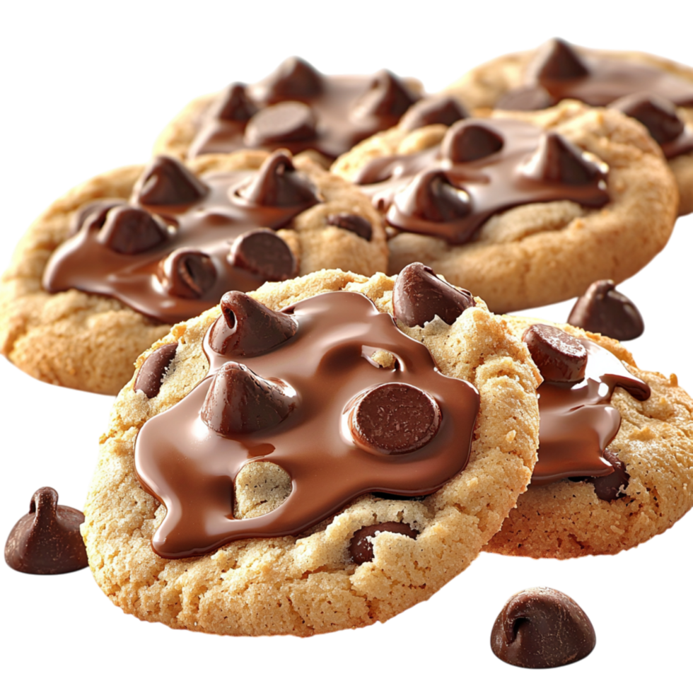 Freshly baked chocolate chip cookies melted chocolate chunks represent indulgence, homemade sweetness, a delightful comforting treat. png