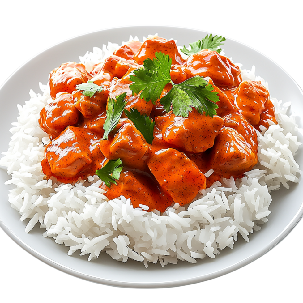 Tasty Indian butter chicken served over fragrant rice represents rich flavors, cultural heritage, a beloved traditional dish. png