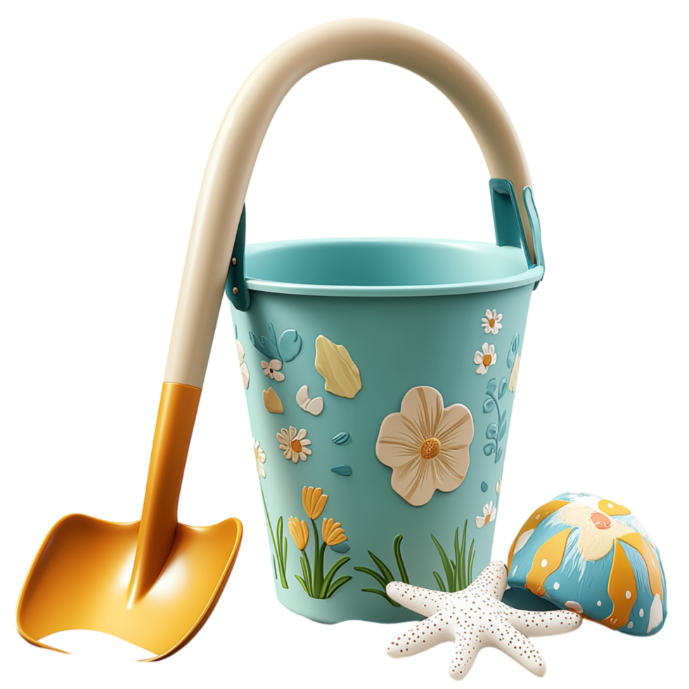 Small beach bucket accompanied by a sturdy shovel scattered seashells creates a playful charming seaside scene. png
