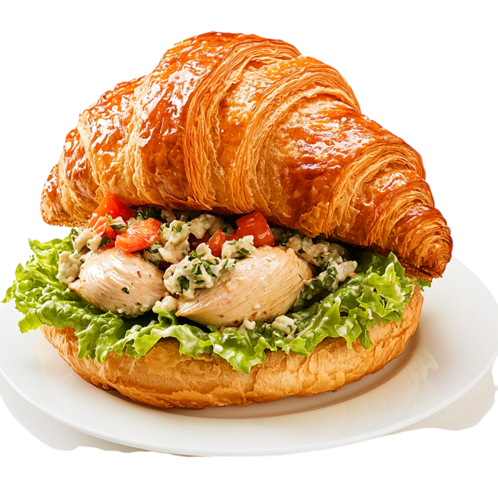 Freshly baked croissant swich filled crisp lettuce delicious ingredients represents gourmet flavors satisfying meal enjoyment. png