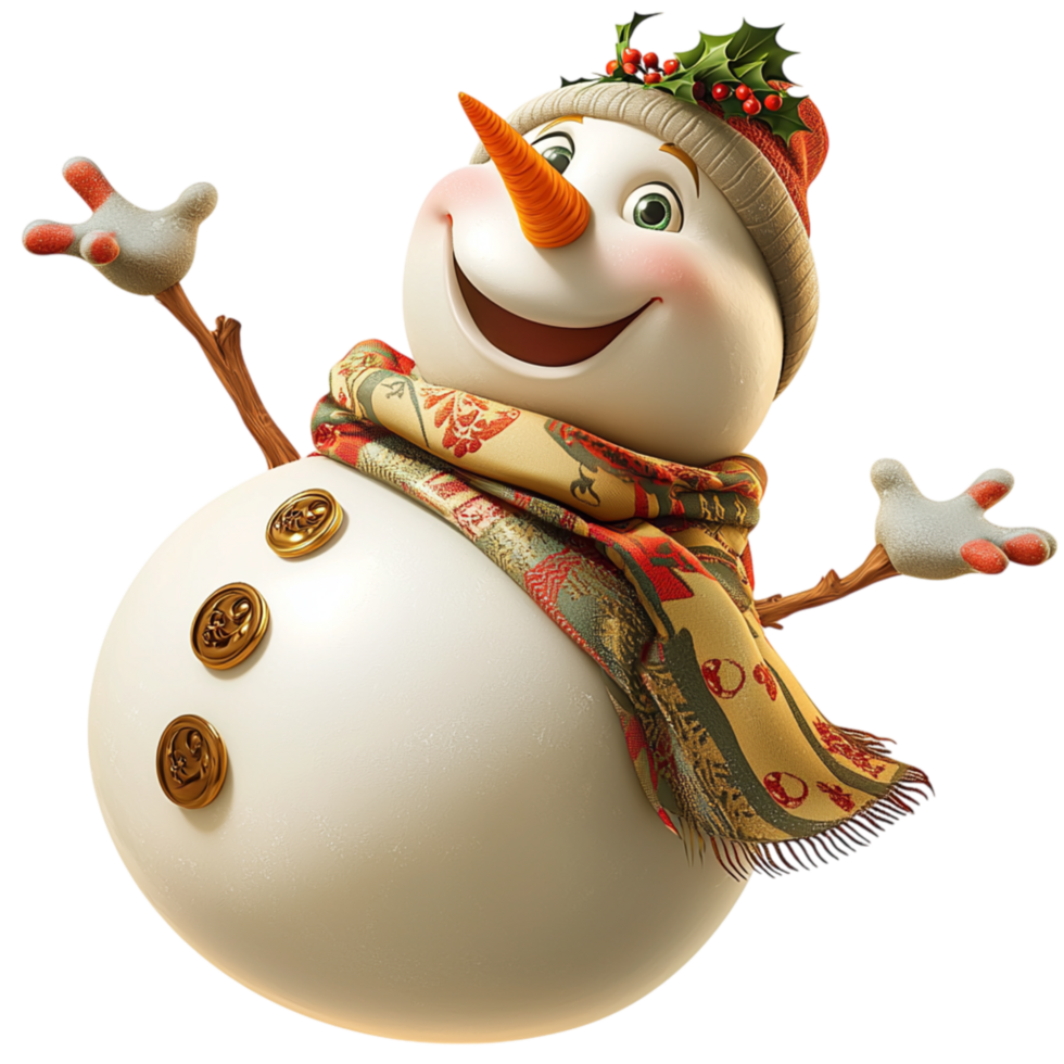 Cheerful snowman a bright carrot nose a joyful smiling expression embodies the festive charm of winter celebrations. png