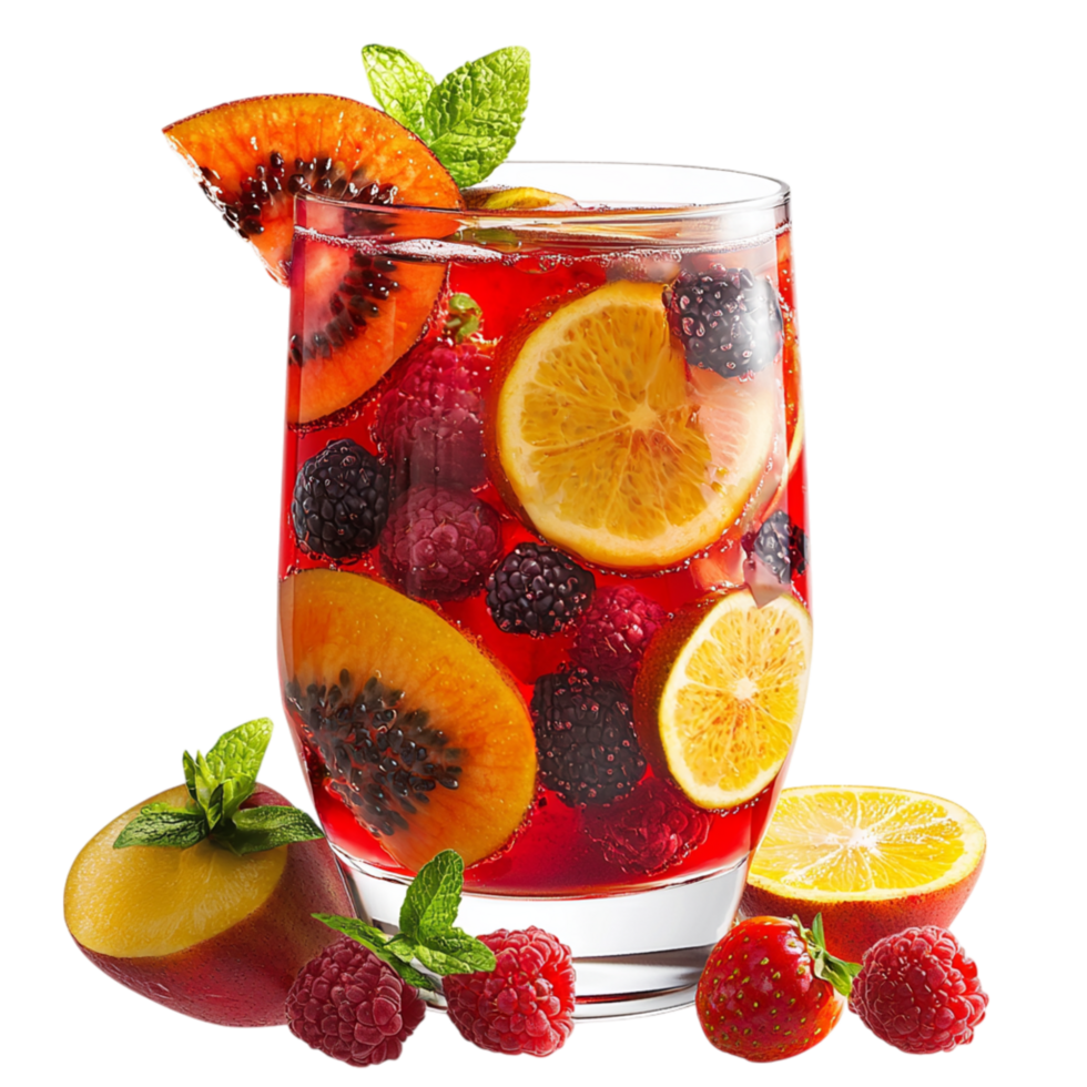 Refreshing fruit sangria infused oranges grapes, garnished citrus slices, offers a flavorful invigorating summer beverage. png