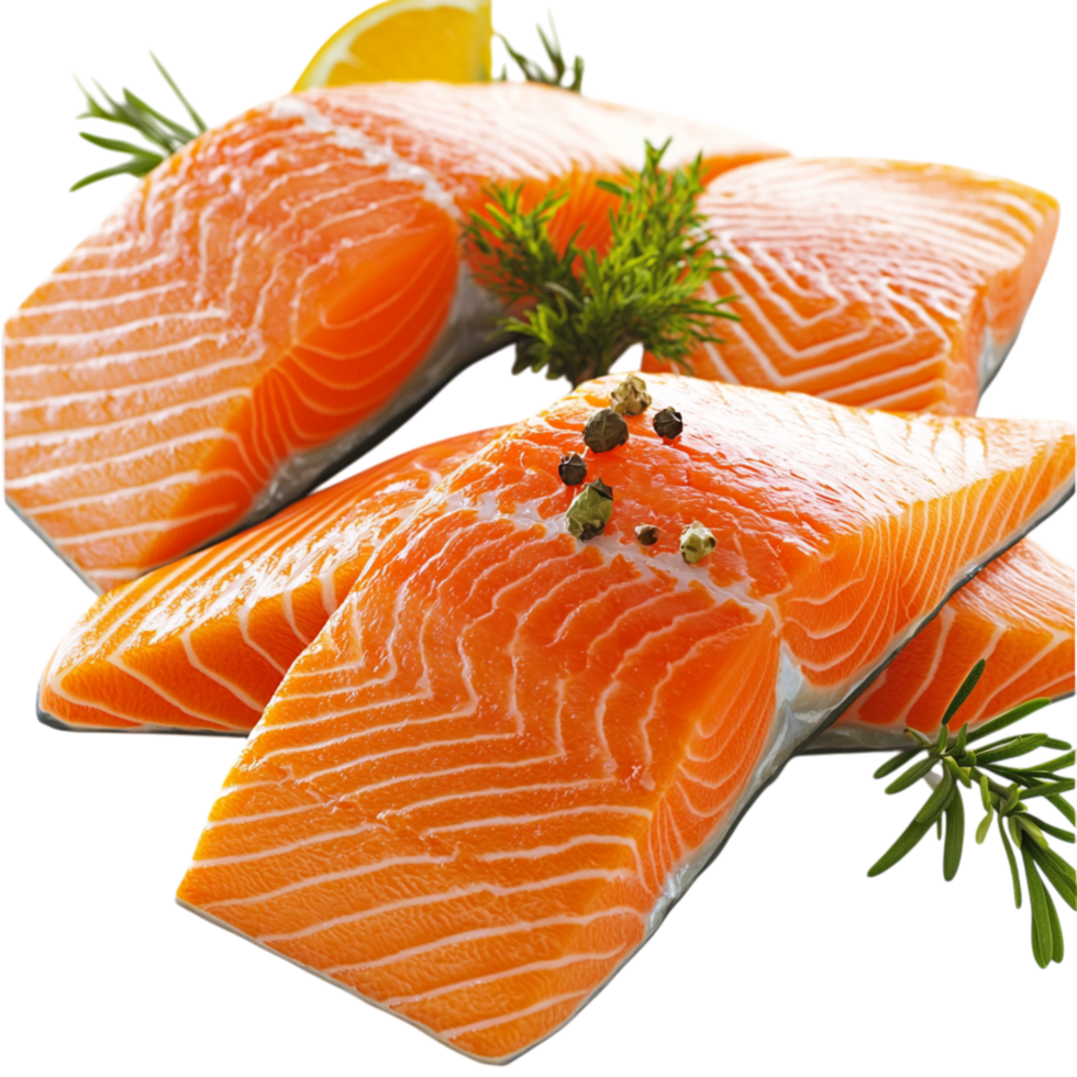 Fresh salmon fillets beautifully garnished aromatic herbs, carefully placed on a sleek white plate. png