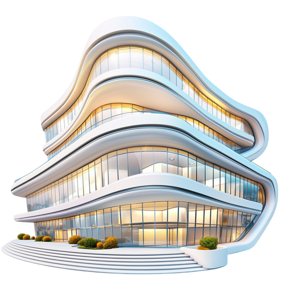 Modern curved glass building reflecting blue skies, showcasing a futuristic architectural design sleek aesthetics. png