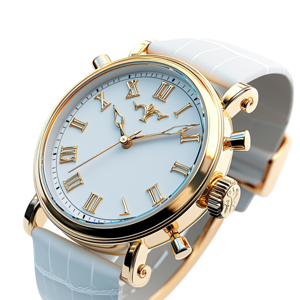 Elegant white wristwatch designed a radiant golden case a premium leather strap blends sophistication timeless functionality. png