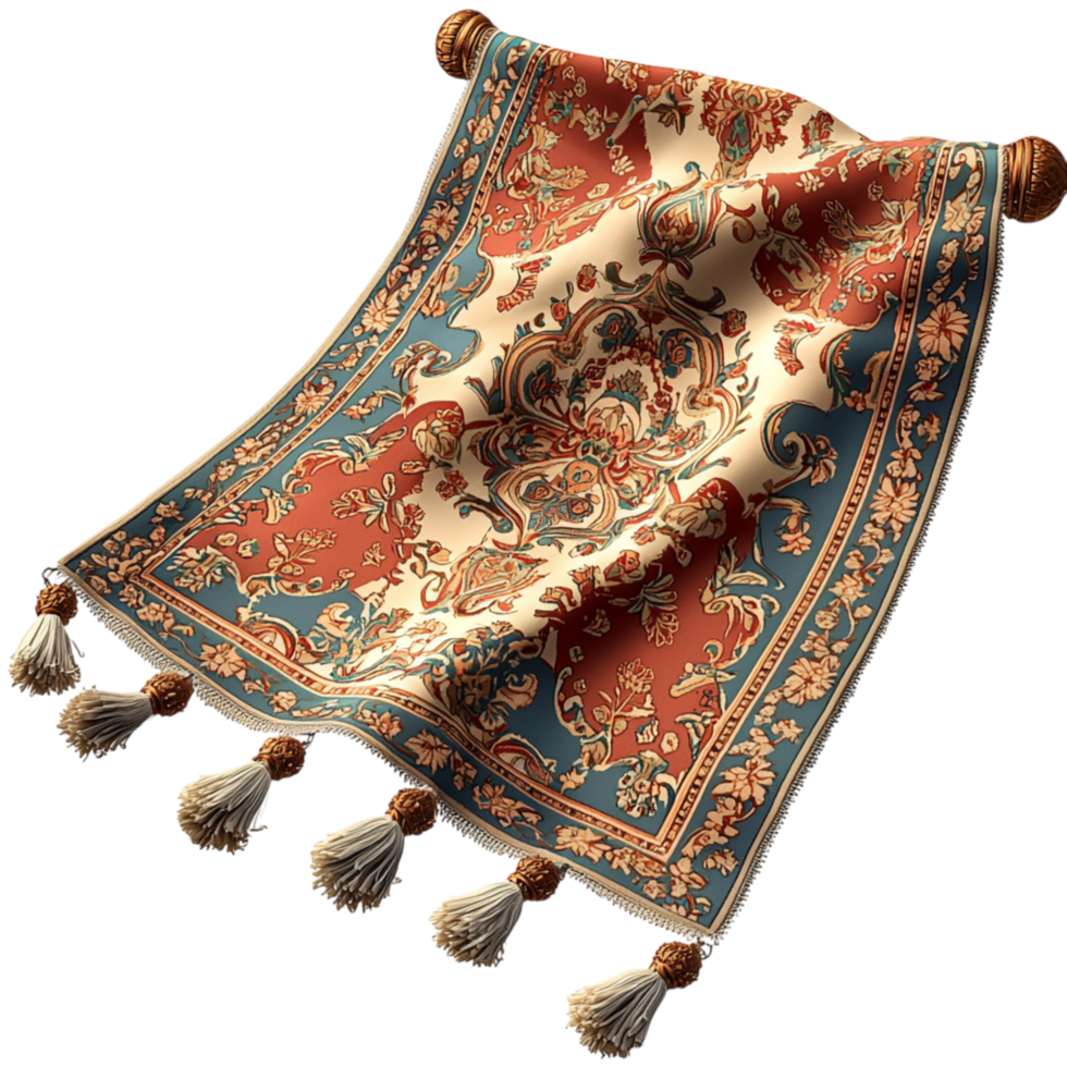 Beautiful flying magic carpet embellished intricate red golden embroidery creates an enchanting fantasy scene elegant details. png