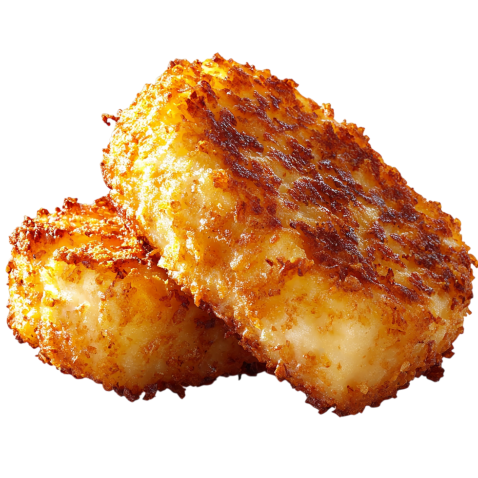 Crispy golden hash browns stacked perfectly, offering a delicious crunchy texture irresistible savory taste. png
