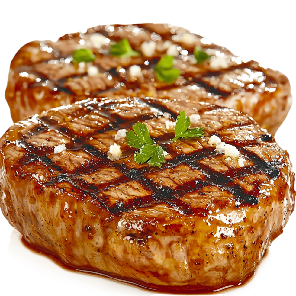 Juicy grilled steak a perfectly golden brown crust, garnished fresh green herbs for an irresistible savory dish. png