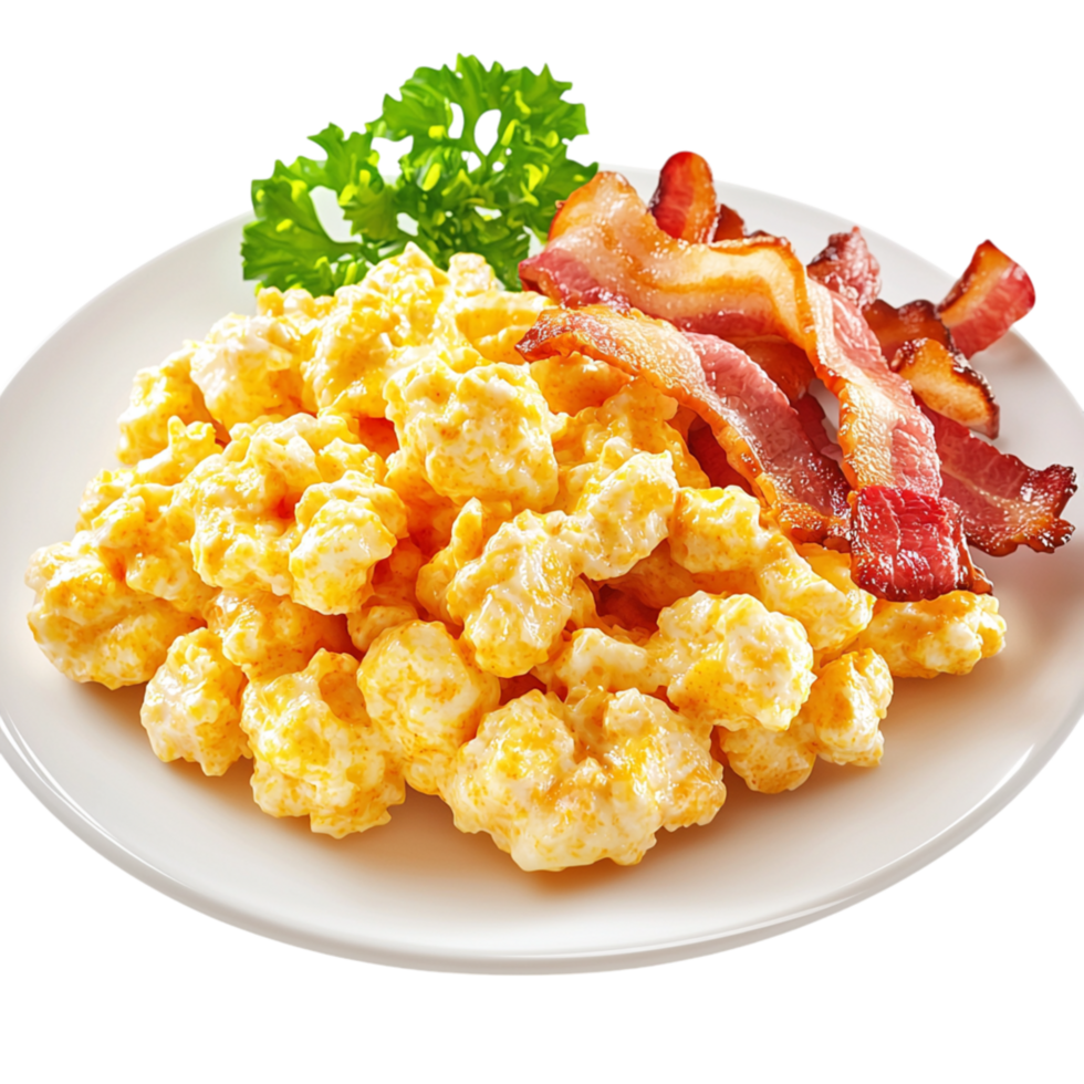 Fluffy scrambled eggs paired crispy bacon garnished fresh green parsley, creating a delicious breakfast dish. png