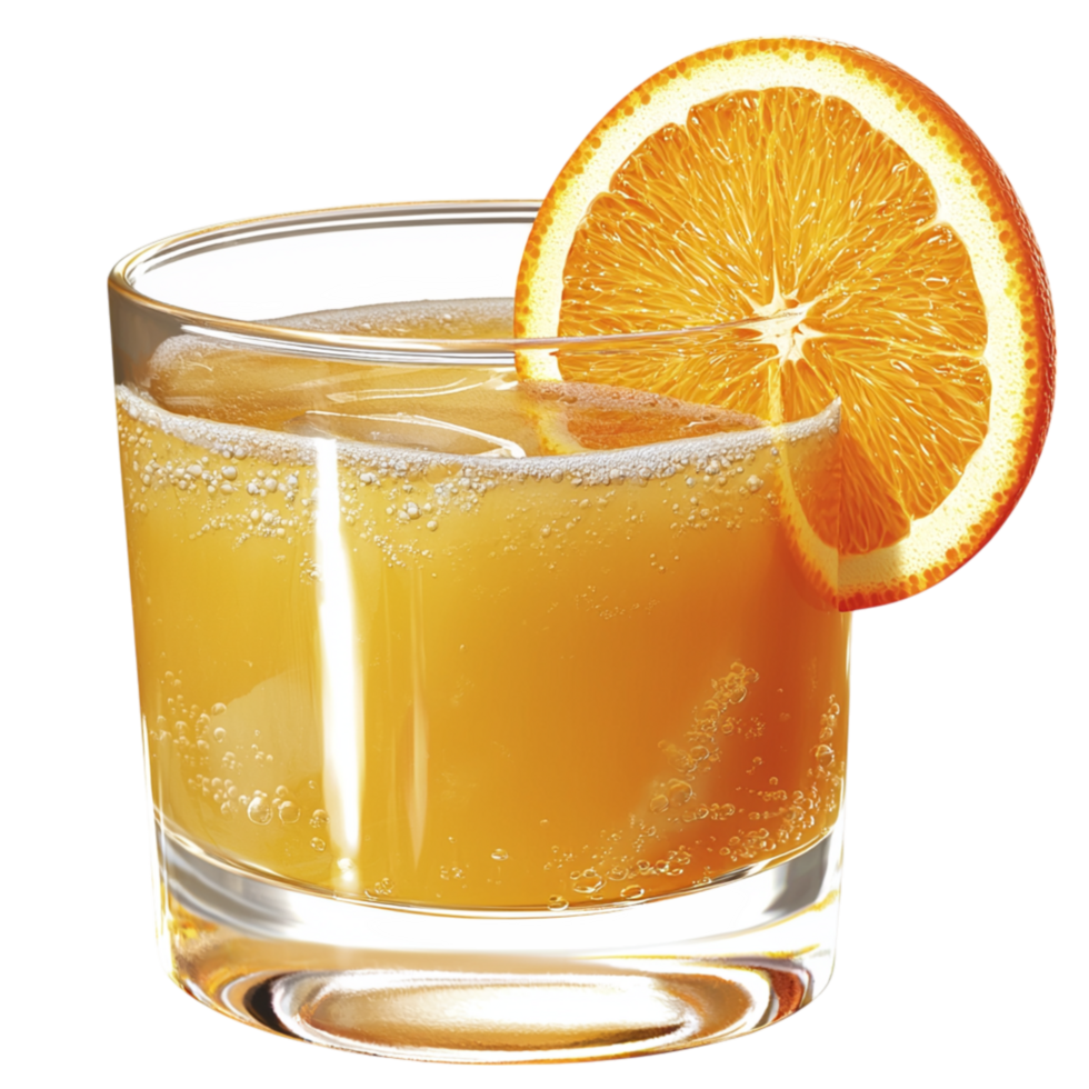 Refreshing orange juice poured into a clear glass a citrus slice, offering a bright tangy delight. png