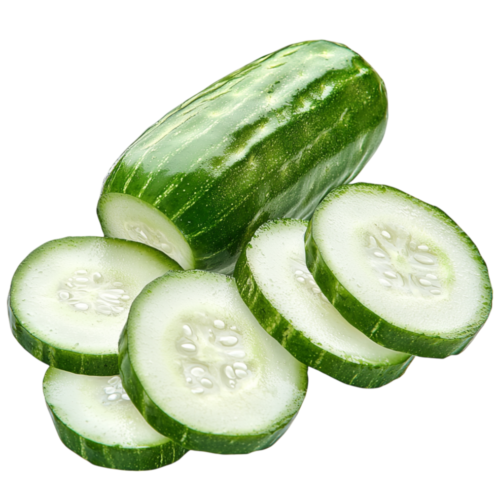 Fresh green cucumbers sliced into perfect rounds, revealing a glossy smooth texture refreshing crispness. png