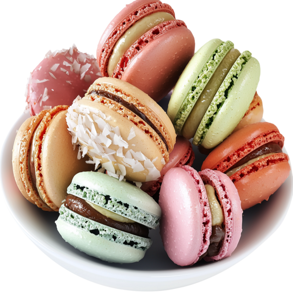 Colorful assortment of macarons featuring a crunchy shell a soft, creamy filling, delivering a delightful burst of sweetness. png