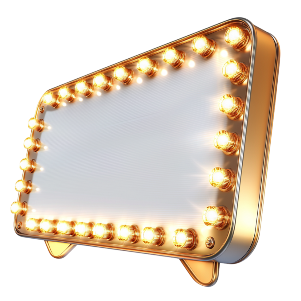 Vintage lightup theater sign framed in gold glowing bulbs, evoking nostalgic charm cinematic history. png