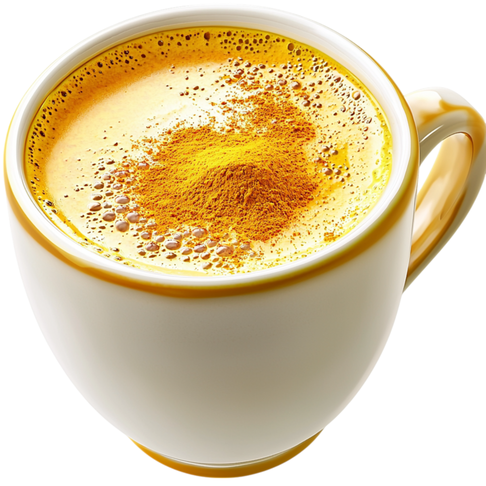 Delicious golden turmeric latte served in a ceramic cup frothy milk, offering warmth wellness benefits. png