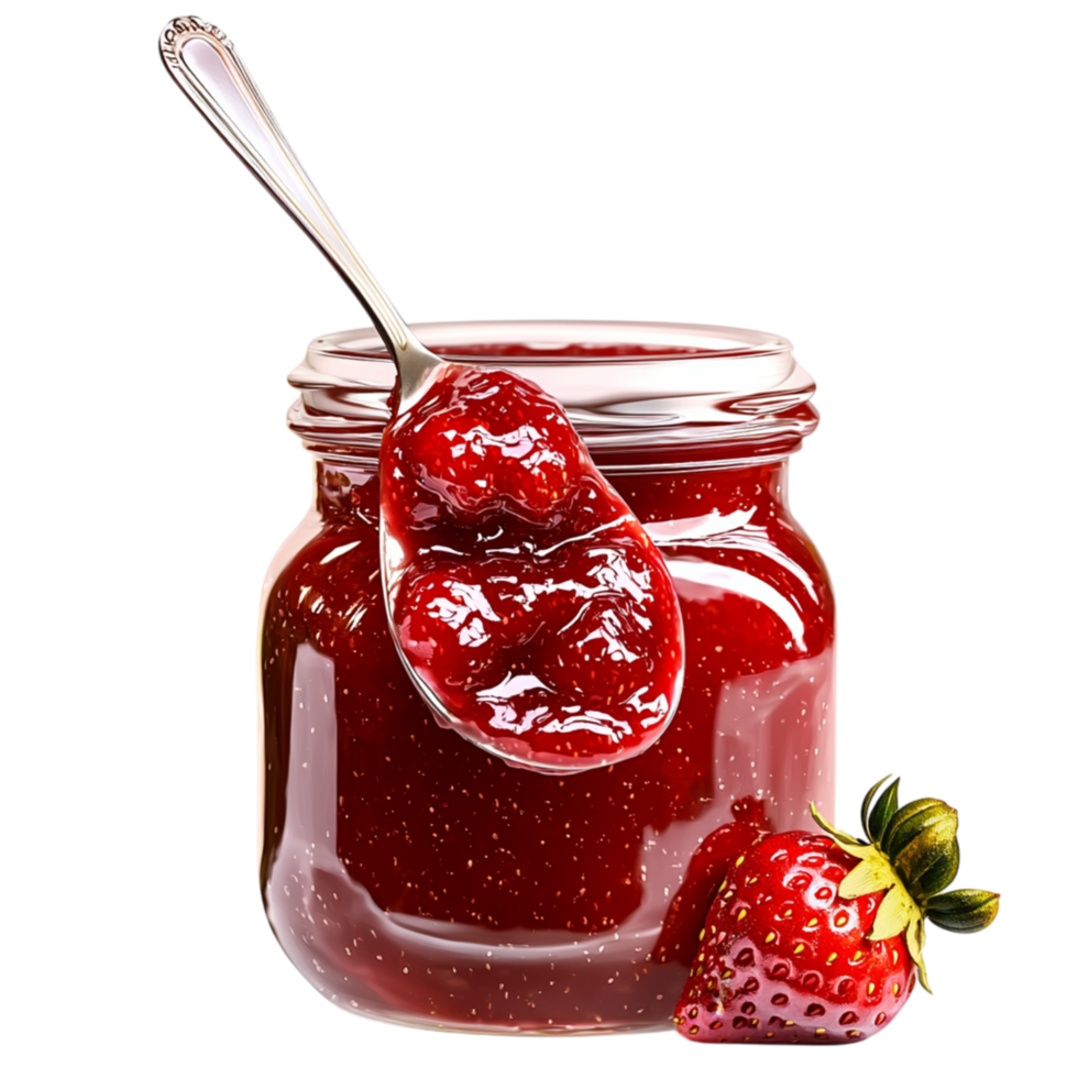 Fresh strawberry jam in a glass jar a golden spoon inside, offering a sweet homemade treat. png