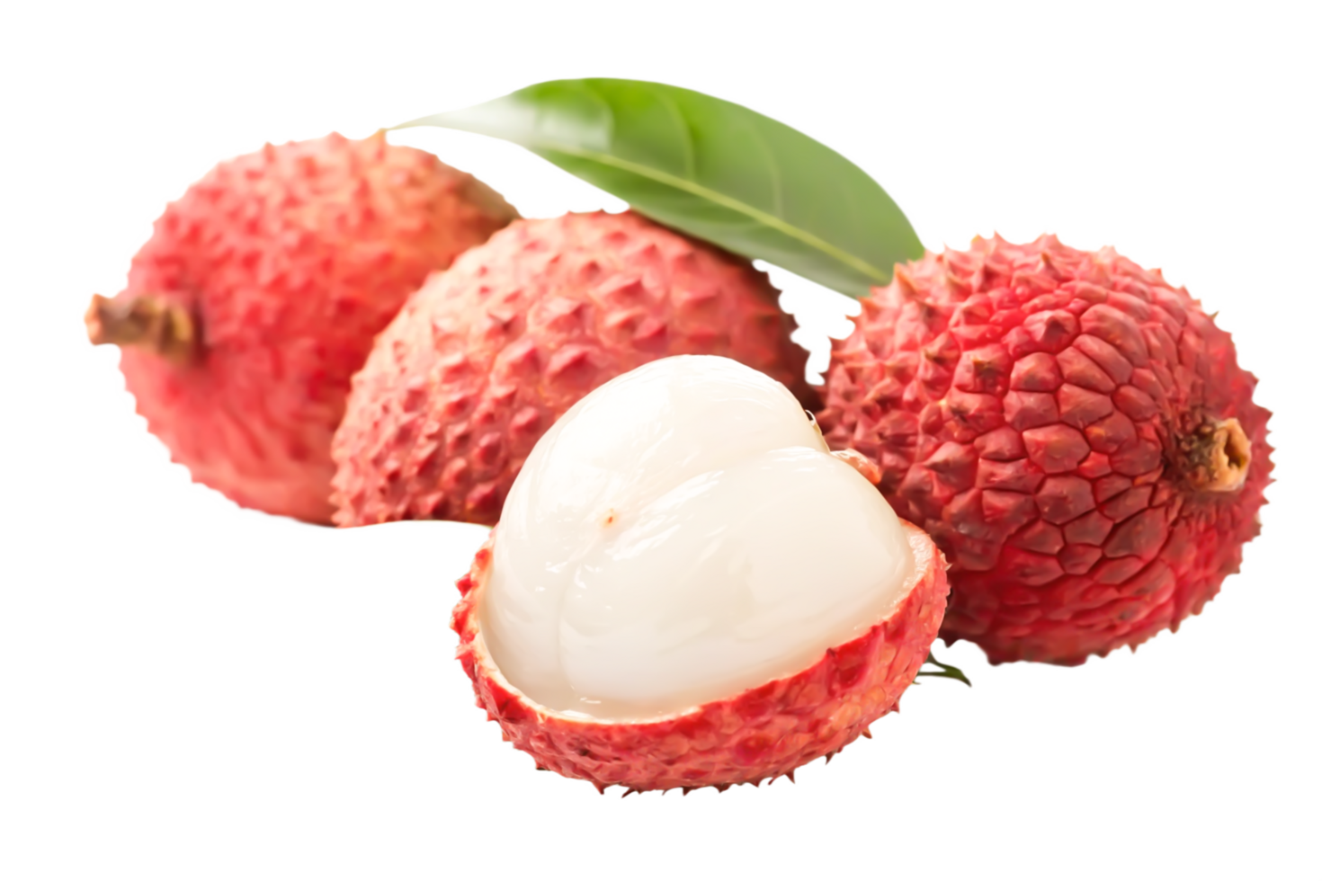 Fresh Juicy Lychees Close-up of Red and White Tropical Fruit with Leaf png