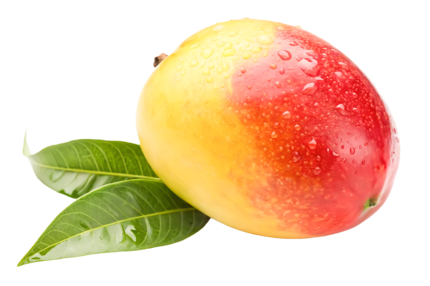 Juicy Ripe Mango with Dew Drops and Green Leaves - Fresh Tropical Fruit Image png