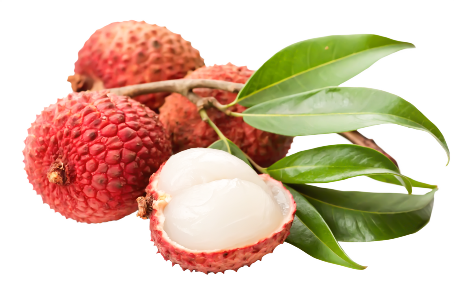 Fresh Juicy Lychees with Green Leaves High-Resolution Food Photography png