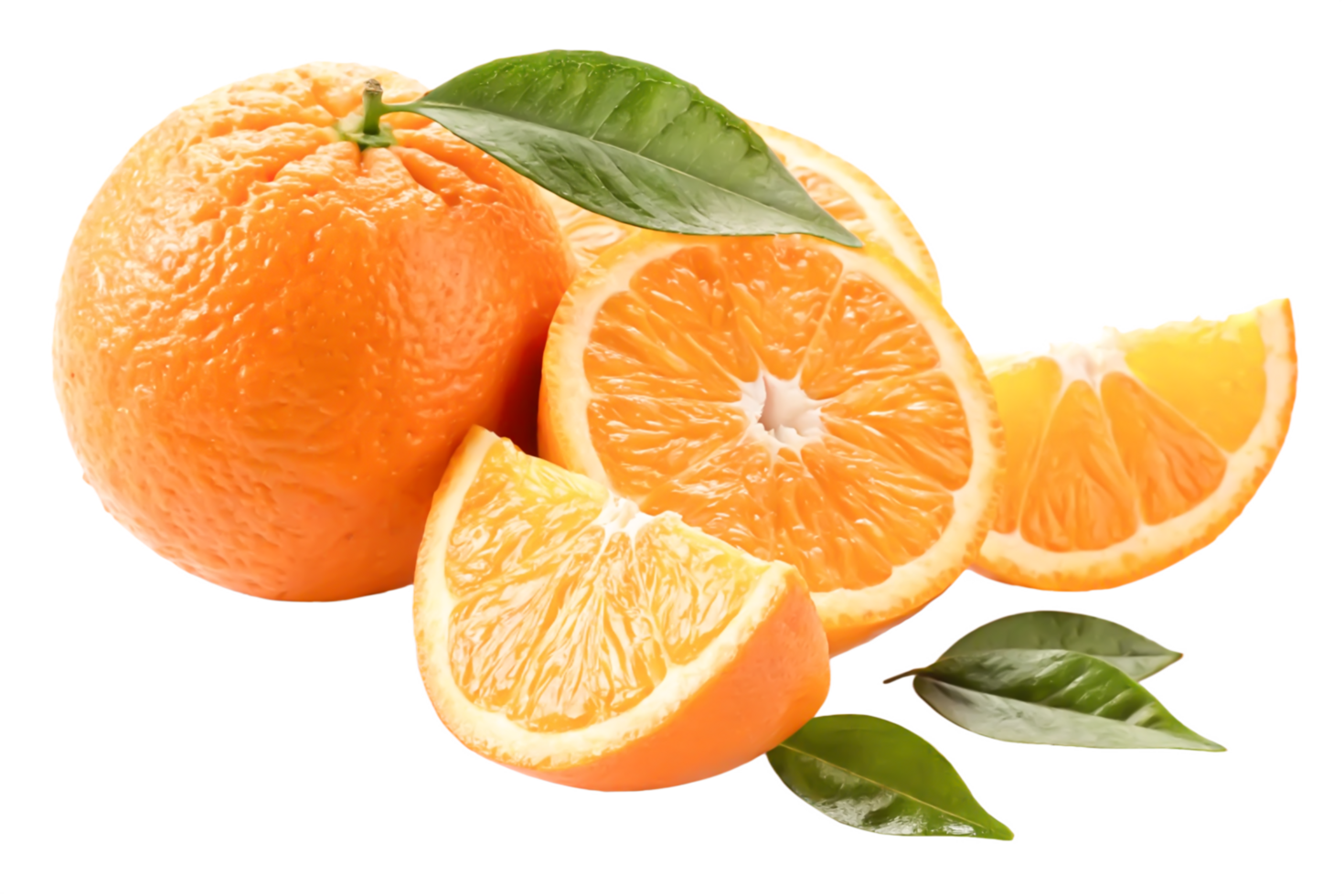 Juicy Orange Fruit Slices with Leaves, Fresh Citrus Still Life Photography png